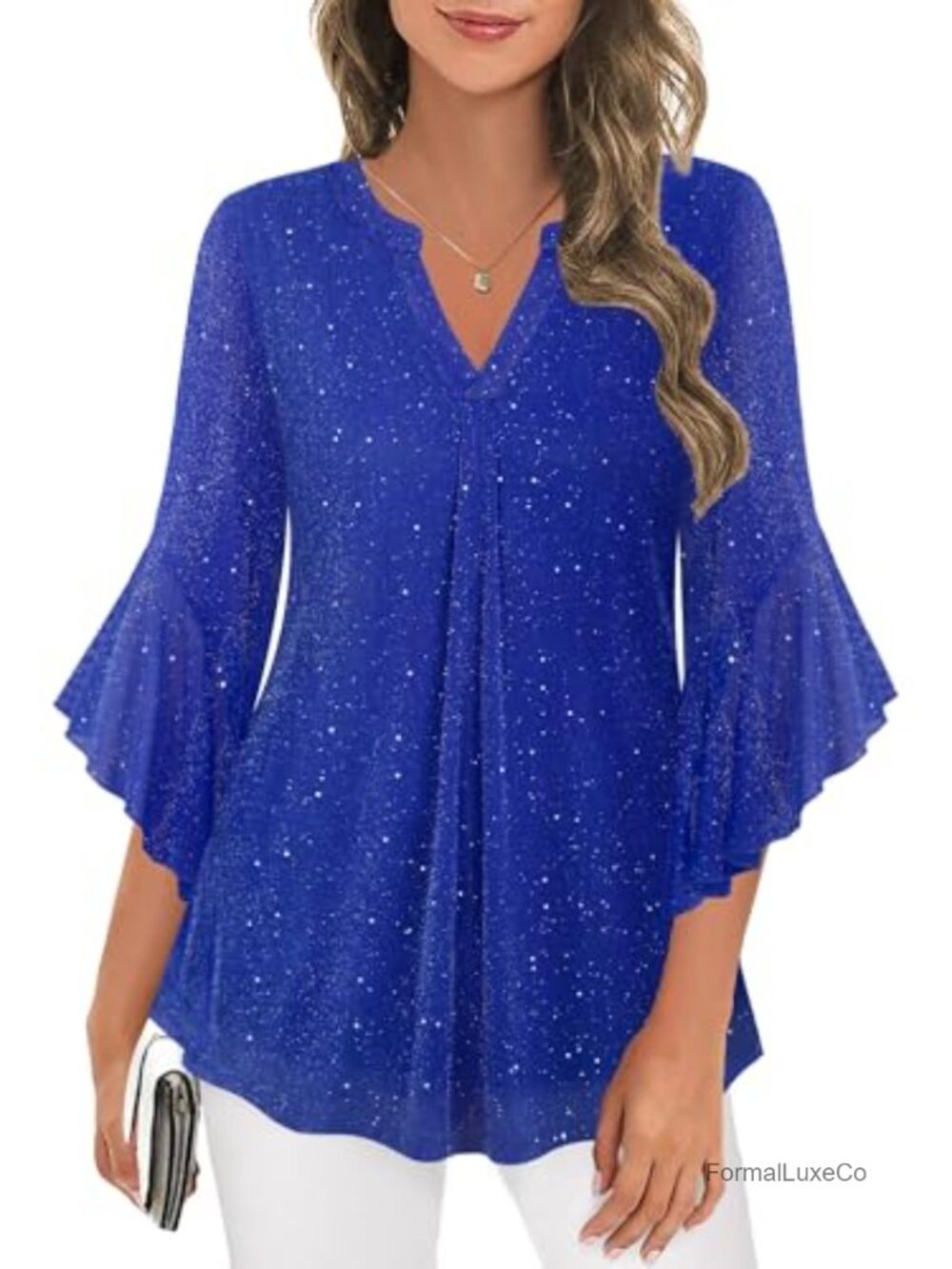 Women's Sparkly Sequin Tunic Top 3/4 Sleeve V-Neck Blouse Dressy Party Shirt